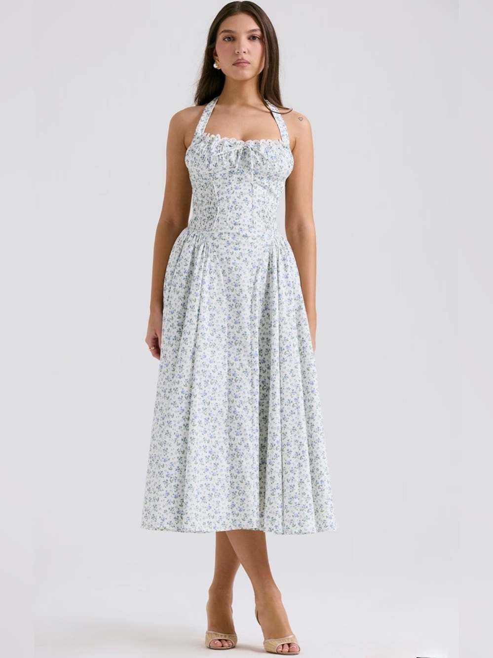 House of CB Adabella white bluebell print cotton halter sundress - Picture 11 of 16